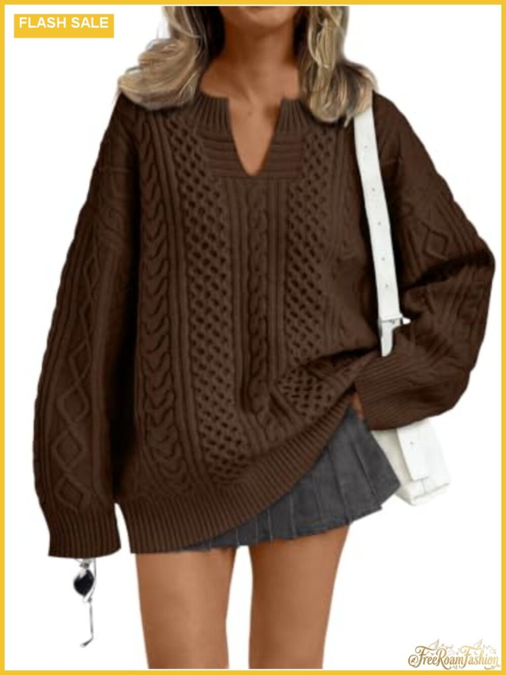 Oversized Cable Knit V-Neck Pullover Sweater Fall Winter Fashion